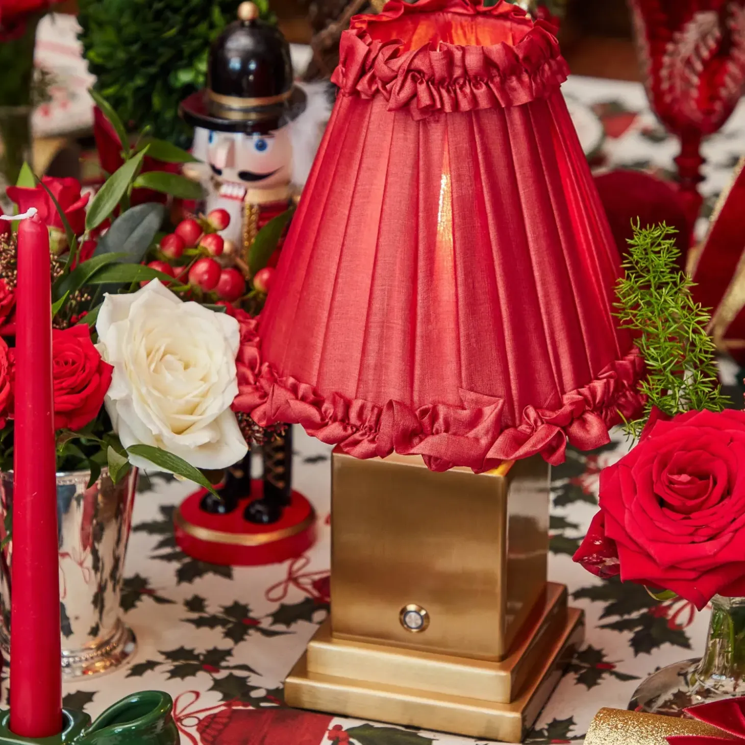 Rechargeable Lamp with Red Frilled Silk Shade (18cm)