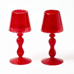 Red Glass Lantern Tea Light Holder Set