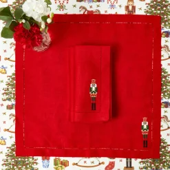 Red Linen Embroidered Nutcracker Napkins (Set of 4)