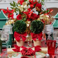 Red Ribboned Potted Boxwood Ball (Pair)