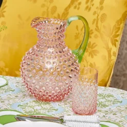 Rose Hobnail Jug with Emerald Handle & Glasses (Set of 6)