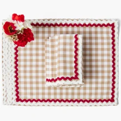 Rossina Putty Gingham & Red Placemats & Napkins (Set of 4)