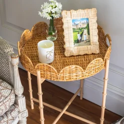 Round Scalloped Rattan Tray With Stand