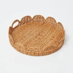 Round Scalloped Rattan Tray With Stand