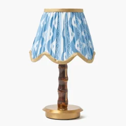 Short Burnt Bamboo Rechargeable Lamp with Blue & Putty Ikat Shade (18cm)