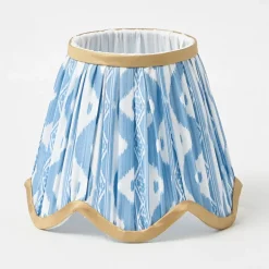 Short Burnt Bamboo Rechargeable Lamp with Blue & Putty Ikat Shade (18cm)