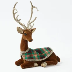 Sitting Tartan Flocked Deer (Pair)
