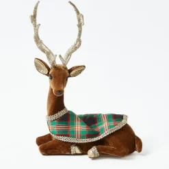 Sitting Tartan Flocked Deer (Pair)