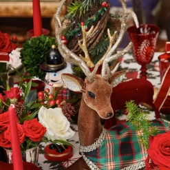 Sitting Tartan Flocked Deer (Pair)