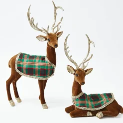 Sitting Tartan Flocked Deer (Pair)
