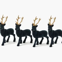 Small Flocked Navy Reindeers with Gold Antlers (Set of 4)