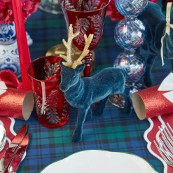 Small Flocked Navy Reindeers with Gold Antlers (Set of 4)