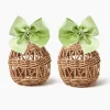 Small Rattan Woven Egg with Green Saddlestitch Bows (Pair)
