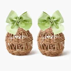 Small Rattan Woven Egg with Green Saddlestitch Bows (Pair)