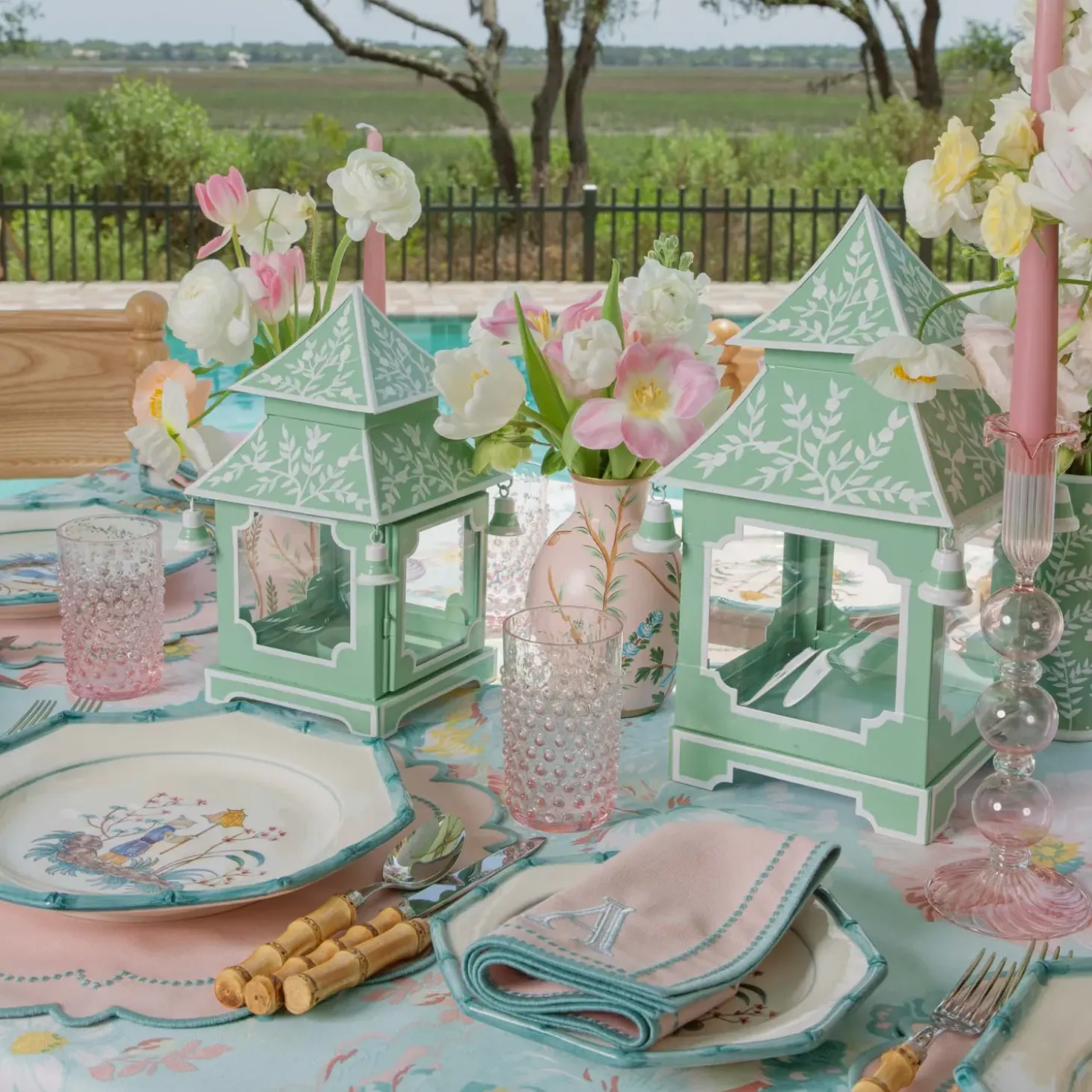 Soft Green Chinoiserie Pagoda Lantern