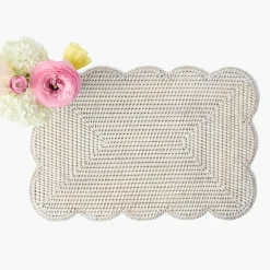 White Rectangular Scalloped Rattan Placemats (Set of 4)