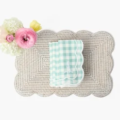 White Rectangular Scalloped Rattan Placemats (Set of 4)